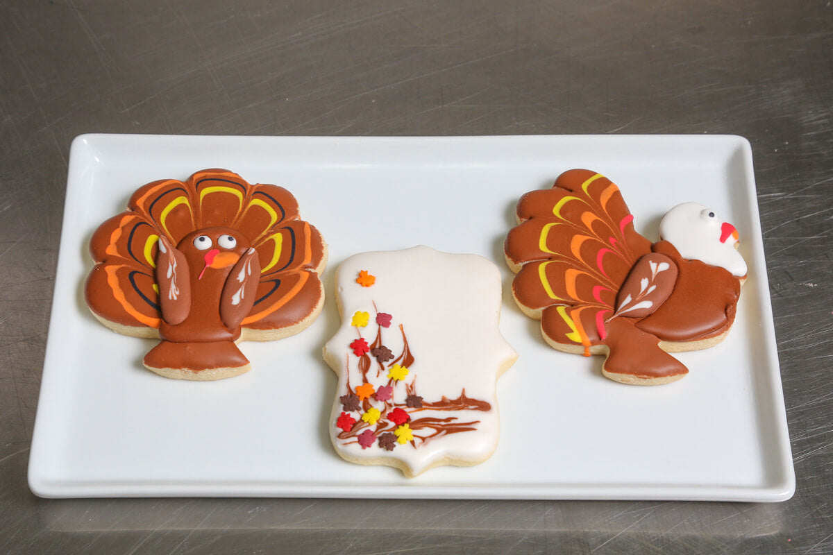 Turkey and thanksgiving cookies on a plate