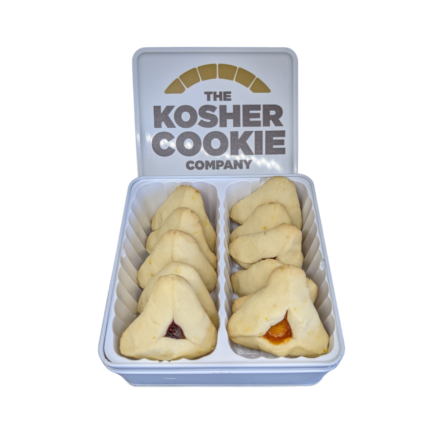 A kosher hamentaschen cookie tin with triangular fruit-filled cookies labeled 'The Kosher Cookie Company' on a white background