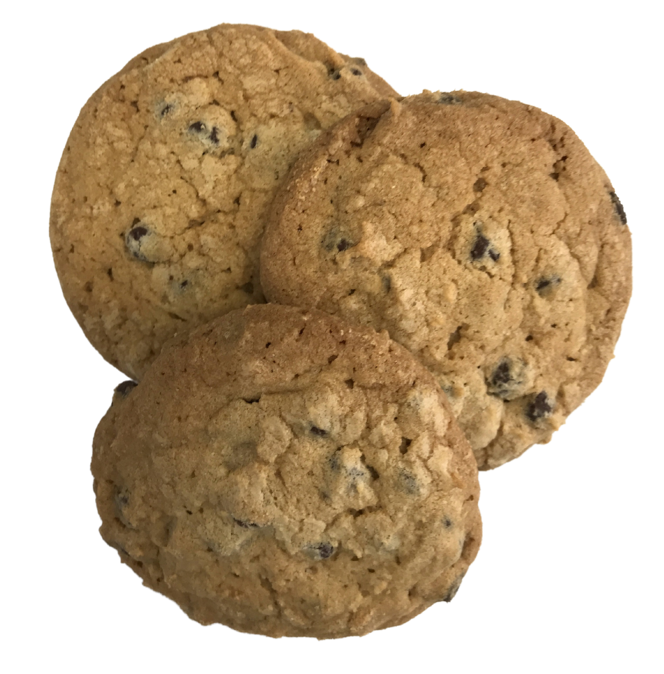 Three kosher chocolate chip cookies on a white background.
