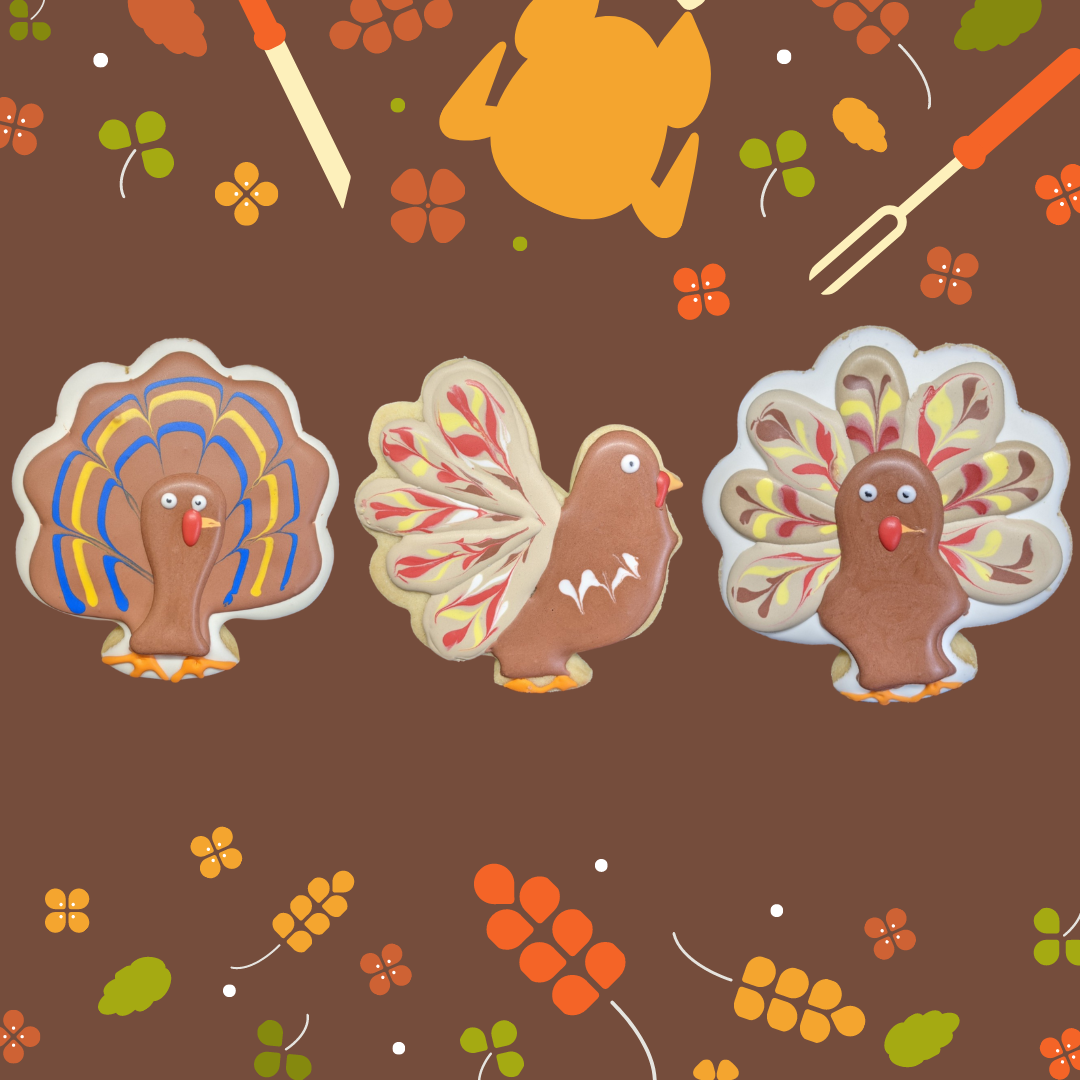 An illustration of three decorated cookie Turkeys as are of the Thanksgiving turkey cookie gift with parve poultry labeling, surrounded by autumn-themed elements on a brown background.