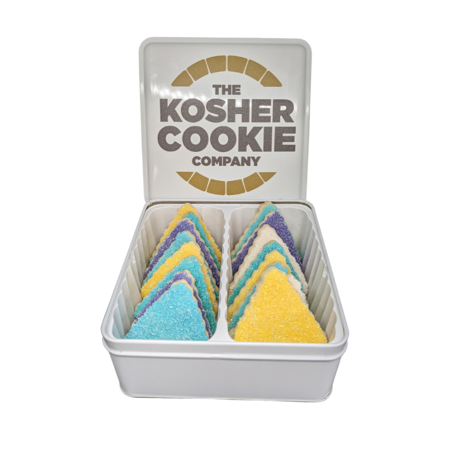 12 brightly colored fauxmentaschen sugar cookies in a tin